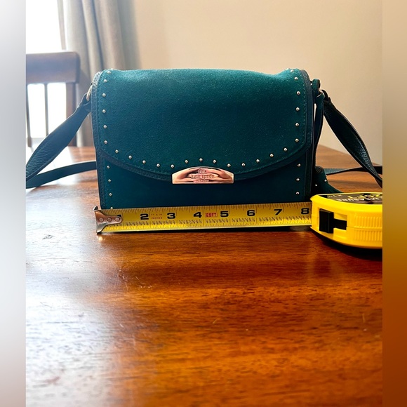 Teal Kate Spade leather bag with velvet flap and gold studs and tassel - Picture 5 of 5